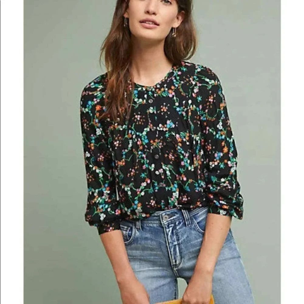 Anthropologie Maeve Avignon Floral Top Blouse Small Black Button